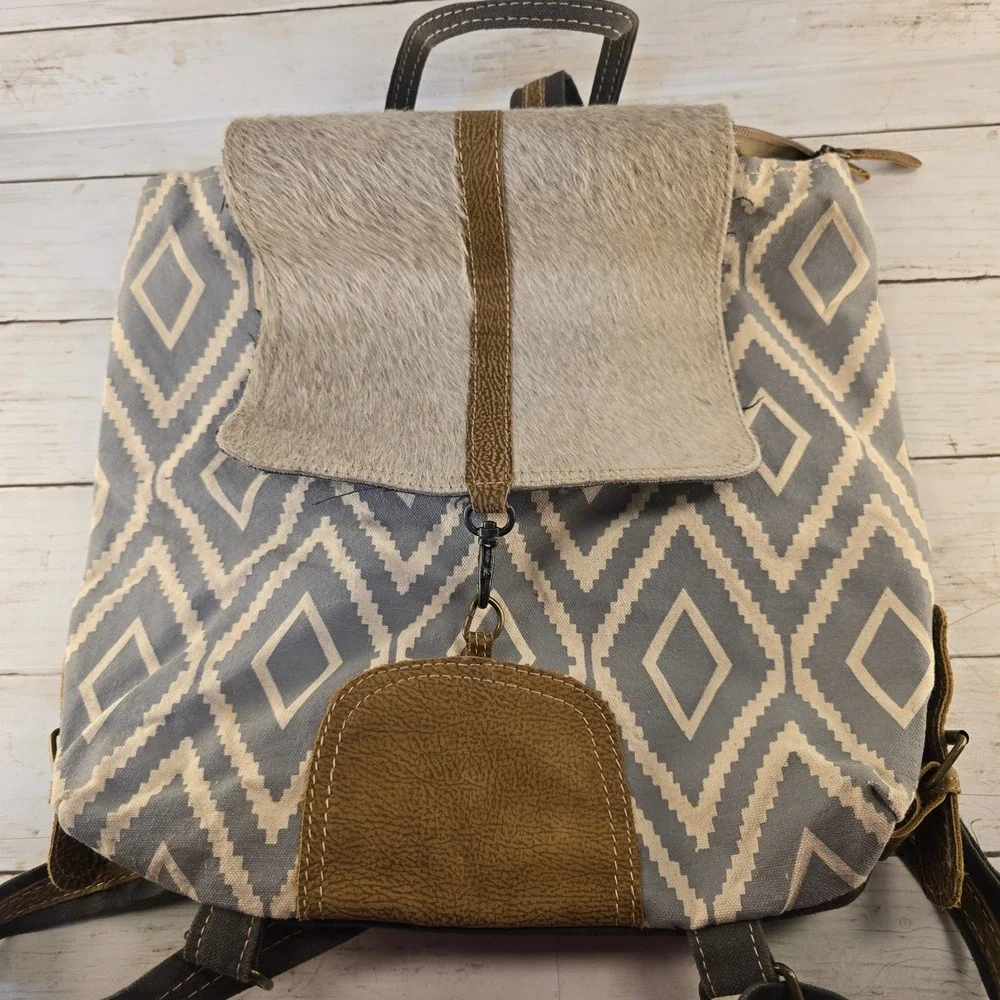 Myra Bag Canvas and Hair-on-Hide Leather Backpack Geometric Diamond Gray Brown